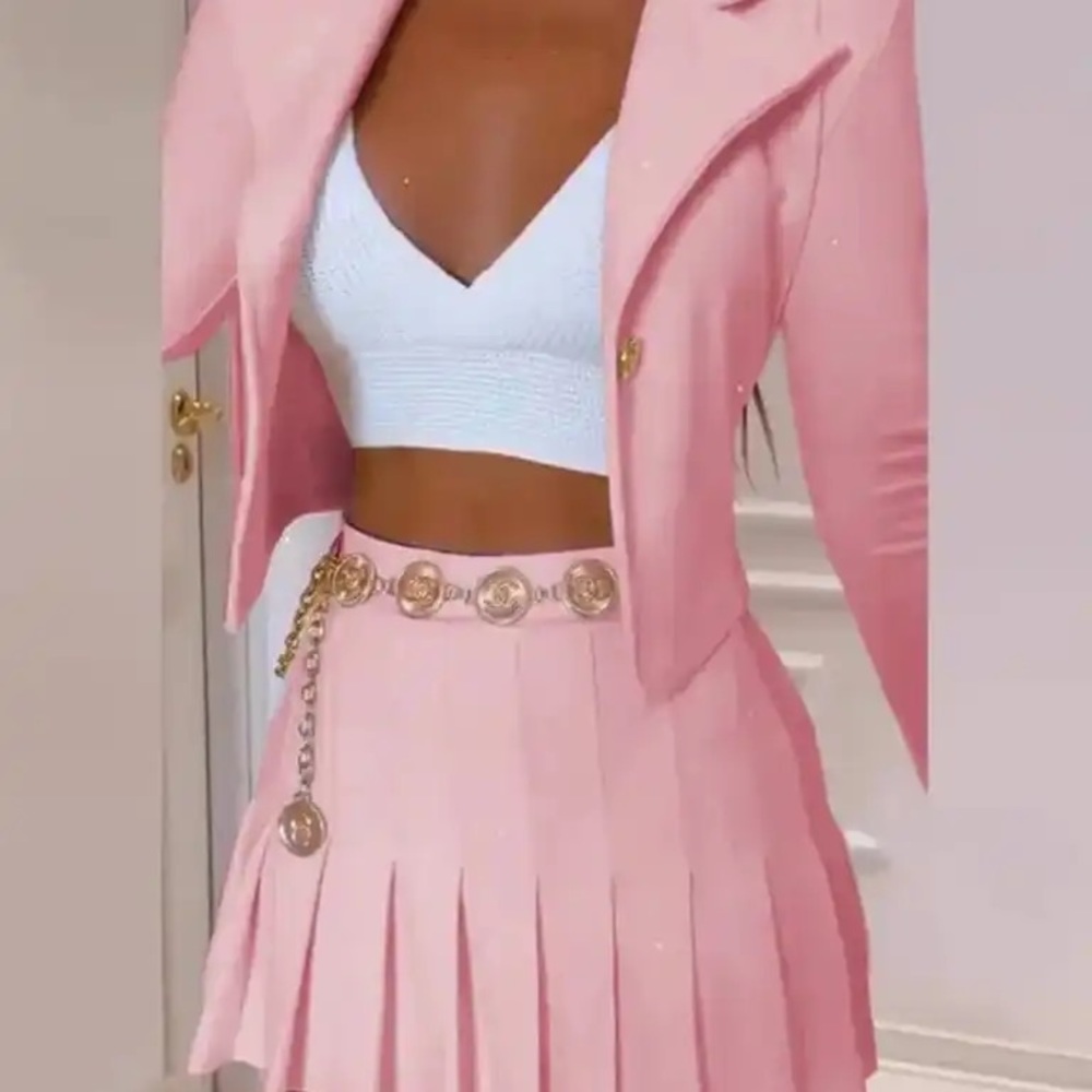 Pink blazer skirt outfit office cheer or tennis